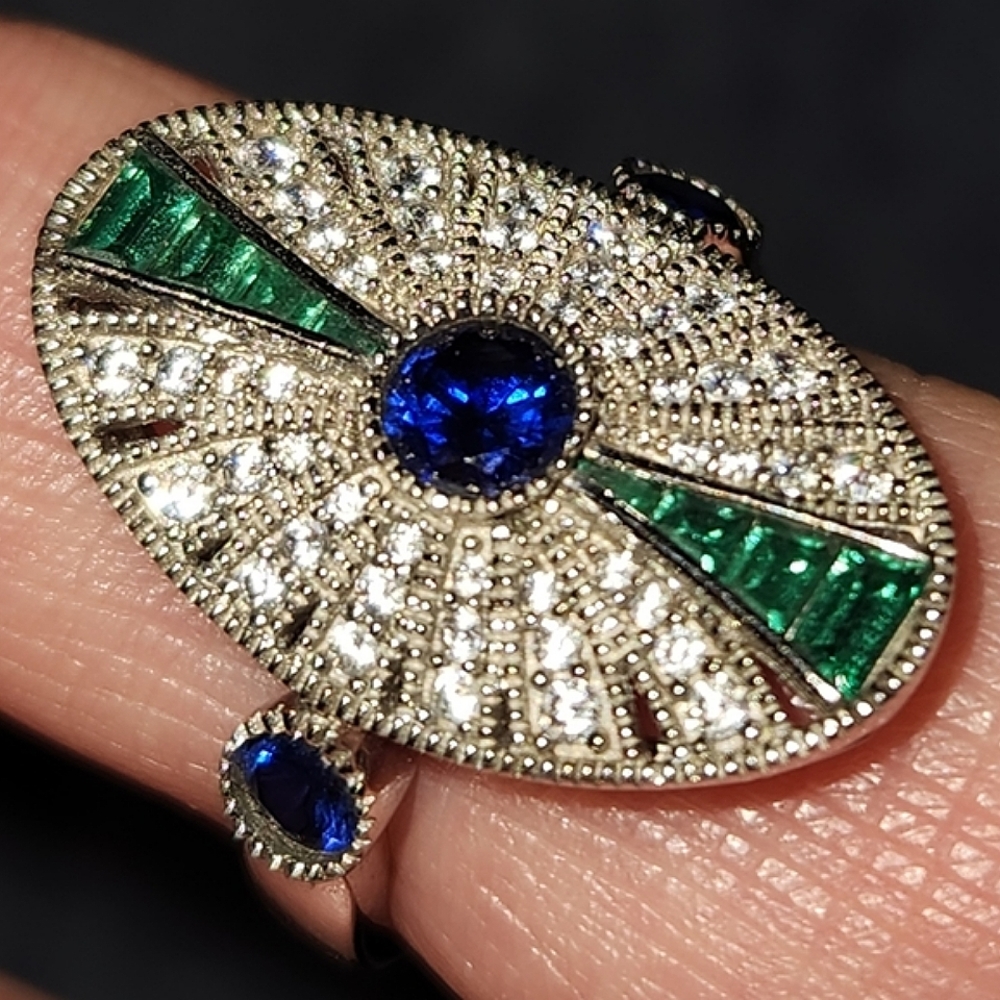 Gorgeous Faux Diamond, Emerald and Sapphire Ring Art Deco Style, size 7
